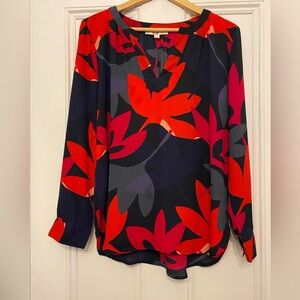 LOFT Red and Black Floral Button Down Shirt
